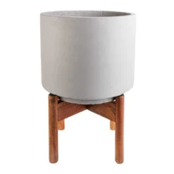 Vigo Plant Pot With Wooden Stand - Concrete Grey -Garden Potted Plant Shop Vigo Plant Pot with Wooden Stand Concrete Grey 24x33cm 4